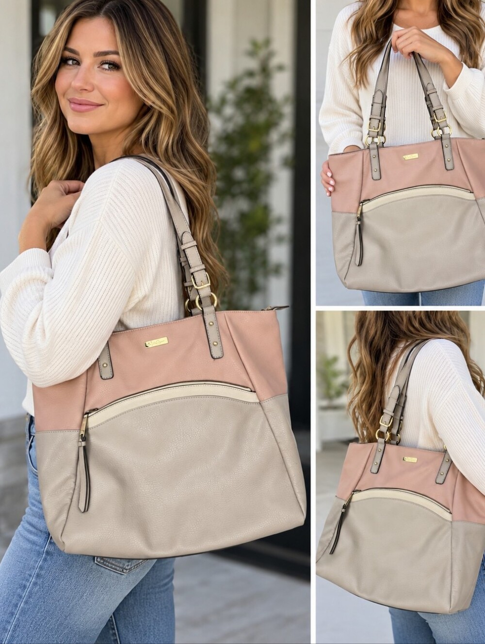 Women's Colorblock Tote Bag in Blush Pink and Cream